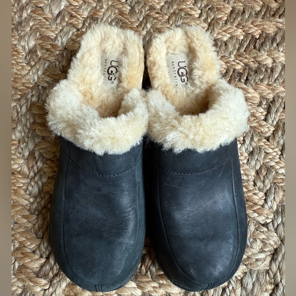 UGG Girls Black Leather Clogs with Wool Lining and Trim